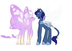 Size: 2600x1877 | Tagged: safe, artist:swimmingwolf132, oc, oc only, oc:lilac pollen, oc:skipping stone, hybrid, original species, butterfly wings, colored hooves, female, male, mare, simple background, stallion, transparent background, wings