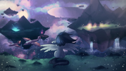 Size: 3840x2160 | Tagged: safe, artist:milkrainn, oc, oc only, oc:vylet featherdance, pegasus, pony, super pony world, vylet pony, airship, album cover, floating island, high res, solo, spread wings, waterfall, windmill, wings