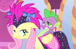 Size: 1415x930 | Tagged: safe, screencap, fluttershy, spike, dragon, pegasus, pony, g4, green isn't your color, clothes, cropped, dress, female, fluttershy is not amused, male, mare, unamused