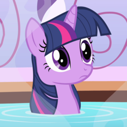 Size: 1080x1080 | Tagged: safe, screencap, twilight sparkle, pony, unicorn, g4, green isn't your color, season 1, closed mouth, cropped, female, frown, looking at someone, mare, mildly surprised, offscreen character, solo, unicorn twilight
