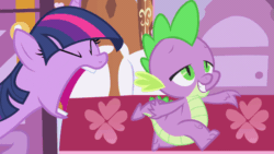 Size: 800x450 | Tagged: safe, screencap, spike, twilight sparkle, dragon, pony, unicorn, g4, green isn't your color, animated, bed, biting, female, gif, male, mare, pillow, surprised, tail, tail bite, tail pull, unicorn twilight, wide eyes, yoink