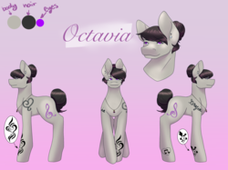 Size: 2732x2048 | Tagged: safe, artist:snows-undercover, octavia melody, earth pony, pony, icey-verse, g4, alternate hairstyle, commission, ear piercing, earring, female, gradient background, hair bun, heart, high res, implied lesbian, implied scratchtavia, implied shipping, implied vinyl scratch, jewelry, mare, necklace, piercing, reference sheet, ring, solo, tattoo, wedding ring