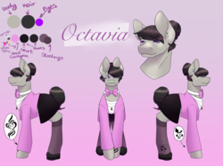 Size: 2732x2048 | Tagged: safe, alternate version, artist:snows-undercover, octavia melody, earth pony, pony, icey-verse, g4, alternate hairstyle, bowtie, cardigan, clothes, commission, ear piercing, earring, female, flats, gradient background, hair bun, heart, high res, implied lesbian, implied scratchtavia, implied shipping, implied vinyl scratch, jewelry, mare, necklace, piercing, reference sheet, ring, shirt, shoes, skirt, socks, solo, stockings, tattoo, thigh highs, wedding ring