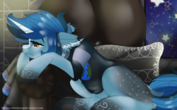 Size: 1920x1200 | Tagged: safe, artist:brainiac, oc, oc only, oc:little dipper, pony, unicorn, blanket, clothes, couch, crying, featureless crotch, female, floppy ears, glowing, hooves, mare, night, sad, shirt, solo, stars, t-shirt, window, yellow eyes