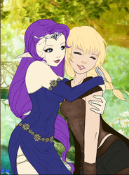 Size: 431x585 | Tagged: safe, artist:rinmaru, applejack, rarity, human, g4, duo, elf ears, eyes closed, female, humanized, lesbian, rinmarugames, ship:rarijack, shipping, unicorns as elves