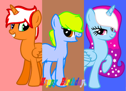 Size: 1020x740 | Tagged: safe, artist:heartpawphoenix16, oc, oc only, oc:cosmo star, oc:fire torch, oc:summer sketch, alicorn, earth pony, pony, alicorn oc, base used, earth pony oc, ethereal mane, female, grin, happy birthday, male, mare, raised hoof, smiling, stallion, starry mane