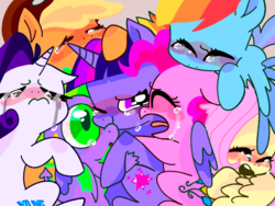 Size: 1280x960 | Tagged: safe, artist:b0uncy-cottonball, applejack, fluttershy, pinkie pie, rainbow dash, rarity, spike, twilight sparkle, alicorn, dragon, earth pony, pegasus, pony, unicorn, g4, blushing, crying, cute, end of ponies, eyes closed, female, male, mane seven, mane six, mare, one eye closed, open mouth, twilight sparkle (alicorn), winged spike, wings