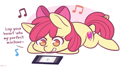 Size: 1530x820 | Tagged: safe, artist:higglytownhero, apple bloom, earth pony, pony, g4, abstract background, adorabloom, cute, cutie mark, eye clipping through hair, female, filly, music notes, perfect machine, prone, solo, song, song reference, starset, the cmc's cutie marks