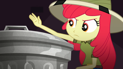 Size: 1920x1080 | Tagged: safe, screencap, apple bloom, equestria girls, g4, my little pony equestria girls: summertime shorts, the canterlot movie club, adorabloom, cute, daring do costume, female, hat, pith helmet, solo, trash can