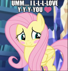 Size: 956x1000 | Tagged: safe, edit, edited screencap, screencap, fluttershy, pegasus, pony, scare master, bashful, blush sticker, blushing, bronybait, caption, cropped, cute, daaaaaaaaaaaw, female, hnnng, i love you, image macro, looking away, mare, needs more jpeg, shy, shyabetes, smiling, solo, talking to viewer, text