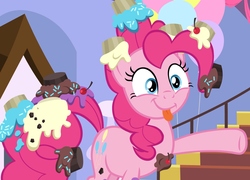 Size: 1500x1080 | Tagged: safe, screencap, pinkie pie, earth pony, pony, g4, the ending of the end, cherry, cropped, cupcake, cute, diapinkes, faic, female, food, mare, messy mane, ponk, silly, silly face, silly pony, solo, tongue out