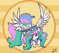 Size: 2048x1824 | Tagged: safe, artist:greyscaleart, princess celestia, alicorn, pony, g4, abstract background, cute, cutelestia, female, looking at something, missing accessory, solo, spread wings, wings