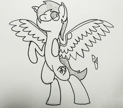 Size: 2665x2340 | Tagged: safe, artist:prince dazzle, oc, oc only, oc:zephyrhooves, pegasus, pony, artificial wings, augmented, bipedal, black and white, grayscale, high res, lineart, looking up, male, mechanical wing, monochrome, rearing, sketch, solo, spread wings, stallion, traditional art, wings
