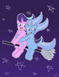 Size: 2000x2600 | Tagged: safe, artist:leslers, starlight glimmer, trixie, pony, unicorn, g4, broom, female, flying, flying broomstick, high res, lesbian, ship:startrix, shipping, stars