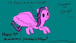 Size: 1920x1080 | Tagged: safe, artist:discipleofandrewryan, starlight glimmer, alicorn, pony, g4, 1000 hours in ms paint, alicornified, badly drawn, beady eyes, female, mare, mlp fim's ninth anniversary, ms paint, offscreen character, race swap, simple background, starlicorn, stylistic suck, teal background, title drop