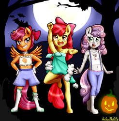 Size: 3260x3308 | Tagged: safe, artist:anibaruthecat, apple bloom, scootaloo, sweetie belle, bat, earth pony, pegasus, unicorn, anthro, unguligrade anthro, apple bloomers, g4, adorabloom, armpits, belly button, blue underwear, blushing, bowtie, clothes, cute, cutealoo, cutie mark crusaders, diasweetes, dress, explicit source, female, frilly underwear, full moon, halloween, heart, heart print underwear, high res, holiday, hoof feet, jack-o-lantern, looking at you, midriff, moon, open mouth, panties, pink underwear, pumpkin, raised fist, ribbon, shorts, smiling, socks, strapless, suspenders, underwear, upskirt