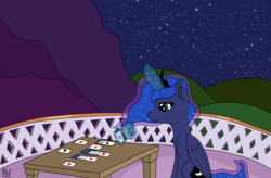 Size: 2550x1671 | Tagged: safe, artist:nightwind-arts, princess luna, pony, g4, bored, canterlot, card, female, folded wings, magic, mare, night, playing card, sitting, solitaire, solo, stars, table, wings