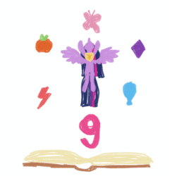 Size: 1366x1400 | Tagged: safe, artist:yoshimon1, twilight sparkle, alicorn, pony, g4, the last problem, animated, book, book of harmony, crayon effect, doodle, element of generosity, element of honesty, element of kindness, element of laughter, element of loyalty, female, flying, frame by frame, gif, happy birthday mlp:fim, mare, mlp fim's ninth anniversary, older, older twilight, older twilight sparkle (alicorn), princess twilight 2.0, simple background, solo, twilight sparkle (alicorn), white background