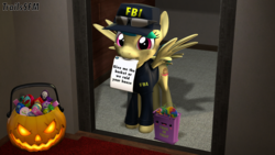 Size: 3840x2160 | Tagged: safe, artist:trailssfm, oc, oc:apogee, pegasus, pony, 3d, clothes, costume, cute, fbi, fbi open up, feathered wings, female, filly, halloween, halloween costume, high res, holiday, mouth hold, note, pumpkin, pumpkin bucket, solo, source filmmaker, spread wings, sunglasses, threat, trick or treat, uniform, wings