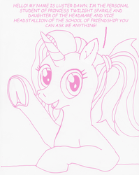 Size: 1280x1606 | Tagged: safe, artist:asklustiedawn, artist:edhelistar, luster dawn, pony, unicorn, tumblr:ask luster dawn, g4, the last problem, dialogue, female, frog (hoof), implied starburst, looking at you, luster dawn is starlight's and sunburst's daughter, mare, mixed media, monochrome, offspring, parent:starlight glimmer, parent:sunburst, parents:starburst, ponytail, simple background, solo, text, underhoof, waving, white background