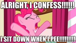 Size: 1280x720 | Tagged: safe, edit, edited screencap, editor:useraccount, screencap, pinkie pie, g4, the cutie pox, caption, confession, excessive exclamation marks, image macro, implied urination, implied urine, text