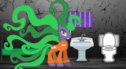 Size: 4340x2370 | Tagged: safe, artist:kayman13, mane-iac, pony, g4, bars, bed, cell, clothes, female, grin, jail, looking at you, mare, prison, prison outfit, sink, smiling, solo, toilet, window