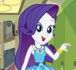 Size: 1139x1046 | Tagged: safe, screencap, rarity, best trends forever, equestria girls, equestria girls series, g4, best trends forever: rainbow dash, bracelet, canterlot high, cropped, cute, female, geode of shielding, hallway, jewelry, lockers, magical geodes, open mouth, raribetes, smiling, solo