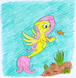 Size: 966x988 | Tagged: safe, artist:rizdub, fluttershy, fish, seapony (g4), g4, bubble, female, seaponified, seapony fluttershy, solo, species swap, traditional art, underwater, water