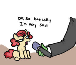 Size: 532x456 | Tagged: safe, artist:jargon scott, oc, oc only, oc:anon, oc:fuzzy muff, pony, basically i'm very smol, chest fluff, cute, dialogue, disembodied hand, duo, female, hand, male, mare, microphone, ocbetes, ponified meme, smol, tiny