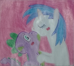 Size: 1266x1128 | Tagged: safe, dj pon-3, spike, vinyl scratch, dragon, pony, g4, female, kissing, love, male, shipping, straight, traditional art, vinylspike