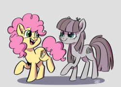 Size: 680x489 | Tagged: safe, artist:ohjeetorig, li'l cheese, oc, oc:pebble pine, earth pony, pony, g4, the last problem, cousins, female, filly, official fan art, offspring, parent:maud pie, parent:mud briar, parents:maudbriar, simple background