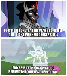 Size: 2893x3237 | Tagged: safe, edit, edited screencap, screencap, cozy glow, king sombra, lord tirek, queen chrysalis, centaur, changeling, changeling queen, pegasus, pony, unicorn, g4, the ending of the end, caption, comeback, female, filly, high res, image macro, legion of doom, legion of doom statue, male, petrification, stallion, text