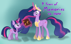 Size: 4000x2500 | Tagged: safe, artist:nitei, twilight sparkle, alicorn, pony, unicorn, g4, season 9, the last problem, blue background, book, book of harmony, crown, duality, end of ponies, jewelry, magic, mlp fim's ninth anniversary, older, older twilight, older twilight sparkle (alicorn), princess twilight 2.0, regalia, self ponidox, simple background, smiling, time paradox, twilight sparkle (alicorn), unicorn twilight