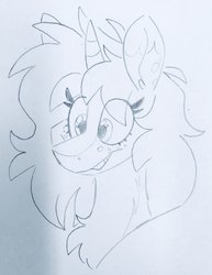 Size: 2836x3682 | Tagged: safe, artist:spoopygander, oc, oc only, oc:scoops, pony, unicorn, blaze (coat marking), bust, chest fluff, coat markings, facial markings, female, freckles, high res, horn, mare, markings, monochrome, solo, traditional art, unicorn oc