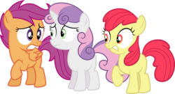 Size: 4008x2167 | Tagged: safe, artist:tourniquetmuffin, edit, editor:slayerbvc, vector edit, apple bloom, scootaloo, sweetie belle, earth pony, pegasus, pony, unicorn, g4, twilight time, accessory-less edit, cutie mark crusaders, female, filly, missing accessory, nervous, simple background, transparent background, vector