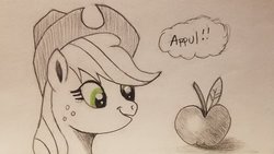 Size: 2048x1151 | Tagged: safe, artist:polar_storm, applejack, earth pony, pony, g4, apple, appul, female, food, freckles, green eyes, mare, monochrome, partial color, simple background, solo, traditional art, white background
