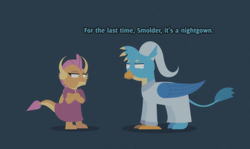 Size: 2169x1294 | Tagged: safe, artist:gd_inuk, gallus, smolder, dragon, griffon, g4, blank eyes, blue background, clothes, dialogue, dragoness, duo, empty eyes, female, gallus is not amused, hat, lineless, looking at each other, male, nightcap, nightgown, no pupils, pajamas, simple background, stylized, tired, unamused