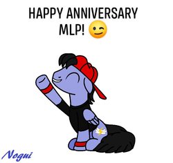 Size: 720x679 | Tagged: safe, artist:noguitom, oc, oc:nogui, pegasus, pony, happy birthday mlp:fim, hat, mlp fim's ninth anniversary, smiling