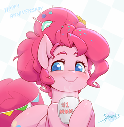 Size: 1170x1200 | Tagged: safe, artist:spindlesx, derpibooru exclusive, pinkie pie, earth pony, pony, the last problem, adorable face, alternate hairstyle, anniversary, blushing, candy, chocolate, colored pupils, confetti, cute, cutie mark, diapinkes, female, food, happy, happy anniversary, heart eyes, hot chocolate, lollipop, mare, mlp fim's ninth anniversary, mug, older, older pinkie pie, rubber duck, smiling, solo, sprinkles, steam, wingding eyes