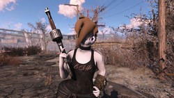 Size: 1360x768 | Tagged: safe, artist:defector, oc, oc only, oc:alexdiamondskye, anthro, 3d, anthro oc, clothes, fallout, fallout 4, femboy, french, gun, hand on hip, male, pipboy, shirt, shorts, shotgun, solo, weapon, wide hips