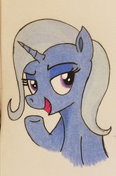 Size: 1348x2048 | Tagged: safe, artist:polar_storm, trixie, pony, unicorn, g4, colored sketch, female, mare, purple eyes, simple background, smiling, solo, traditional art, white background