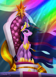 Size: 4550x6300 | Tagged: safe, artist:darksly, twilight sparkle, alicorn, pony, the last problem, absurd resolution, canterlot, crepuscular rays, crown, female, hoof shoes, jewelry, looking up, mare, older, older twilight, peytral, princess twilight 2.0, regalia, solo, throne, twilight sparkle (alicorn)