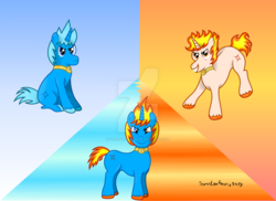 Size: 1024x745 | Tagged: safe, artist:sorasleafeon, oc, oc:hailfire, oc:hailstorm, oc:pyro blitz, pony, unicorn, amulet, digital art, frown, heterochromia, jewelry, looking at you, original character do not steal, simple background, sitting, smiling, smirk, standing, two halves