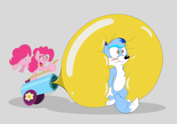 Size: 5768x4038 | Tagged: safe, artist:rupert, derpibooru exclusive, pinkie pie, oc, oc:rupert the blue fox, earth pony, fox, fox pony, hybrid, original species, pony, g4, balloon, blowing up balloons, blushing, female, furry, furry oc, inflation, male, mare, mlp fim's ninth anniversary, non-mlp oc, party cannon, silly, squished, wavy mouth