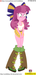 Size: 1665x3421 | Tagged: safe, artist:conikiblasu-fan, cheerilee, equestria girls, g4, the cart before the ponies, boots, breasts, cheerileeder, cheerleader, cleavage, cutie mark on human, embarrassed, female, schrödinger's pantsu, shoes, simple background, solo, transparent background