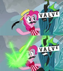 Size: 1920x2160 | Tagged: safe, edit, edited screencap, screencap, pinkie pie, queen chrysalis, changeling, changeling queen, earth pony, pony, g4, the ending of the end, chrysalis blasts things, counter-strike: global offensive, fake moustache, female, high res, knife, mare, meme, ultimate chrysalis, valve