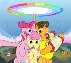 Size: 3200x2860 | Tagged: safe, artist:parallel black, boneless, cheese sandwich, li'l cheese, pinkie pie, earth pony, pony, g4, the last problem, accordion, confetti, digital art, female, happy, high res, looking at you, male, mlp fim's ninth anniversary, musical instrument, party horn, pinkamena diane pie, rock farm, ship:cheesepie, shipping, sonic rainboom, straight