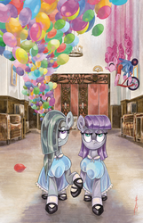 Size: 1158x1800 | Tagged: safe, artist:sararichard, idw, marble pie, maud pie, pinkie pie, earth pony, pony, g4, official, spoiler:comic, spoiler:comic86, balloon, cover, danny torrance, female, hallway, mare, the grady girls, the shining, tricycle, twins