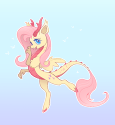 Size: 659x715 | Tagged: safe, artist:vergolophus, fluttershy, draconequus, g4, draconequified, female, flutterequus, looking at you, smiling, solo, species swap, spread wings, wingding eyes, wings
