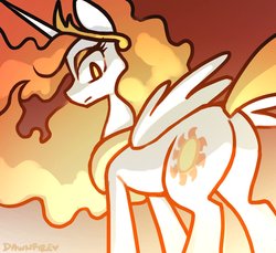 Size: 1668x1529 | Tagged: safe, artist:dawnfire, daybreaker, alicorn, pony, g4, butt, female, jewelry, looking at you, looking down at you, plot, regalia, simple background, solo